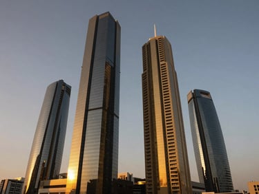 High-end corporate skyscraper in Riyadh at dusk, dramatic architectural lighting reflecting off glass facades, clean lines