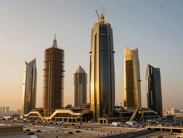 Cinematic shot of a massive futuristic entertainment city project under construction in Saudi Arabia, golden hour lighting, steel structures and scaffolding visible