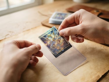 Hands carefully placing a holographic trading card into a clear protective sleeve on a warm parchment surface, soft natural daylight, 50mm lens