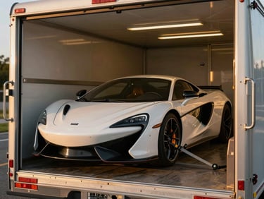 A pristine modern supercar inside a climate-controlled enclosed trailer, secured with soft-tie wheel straps, warm lighting