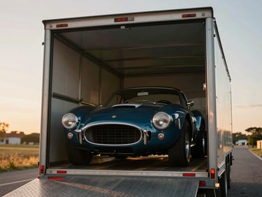 Low-angle dramatic shot of a vintage classic sports car being meticulously loaded into a pristine enclosed transport trailer at golden hour, shallow depth of field.