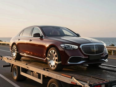 A luxury sedan secured on a clean open-carrier trailer, soft-tie straps visible on the wheels, coastal highway background