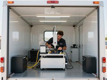 Interior of a clean fiber optic splicing trailer, a technician working with precision fusion splicer, bright technical lighting