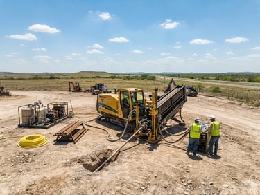 Wide-angle environmental shot of a horizontal directional drilling rig operating in bright Texas daylight on a clean utility construction site, 35mm.