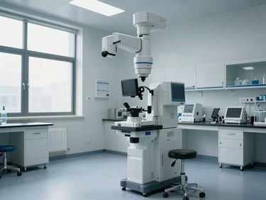 A pristine, modern medical laboratory with high-tech diagnostic equipment, soft cool daylight coming from a side window, architectural wide shot, clean clinical environment with no people.