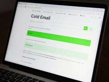 Macro close-up of a dark mode laptop screen displaying a clean, structured cold email template with highlighted placeholders. Neon green accent lighting, high contrast.