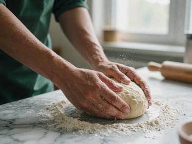 Hands kneading wet sourdough on a cold marble counter, flour particles suspended in natural morning window light, shallow depth of field