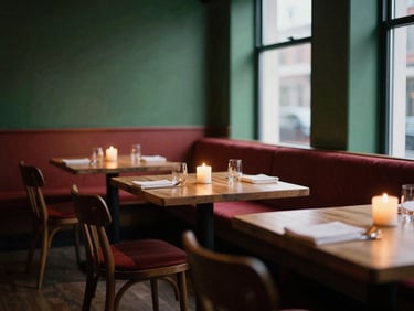 Cozy Scandinavian-style restaurant dining room at dusk, warm ambient lighting, candlelit wooden tables, soft shadows
