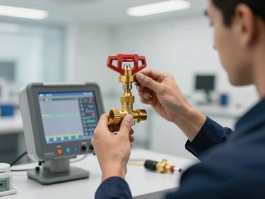 Close-up shot of a professional technician in a clean navy uniform adjusting a high-end brass pressure valve with digital diagnostic equipment, bright natural light, crisp focus, modern Dubai commercial facility interior