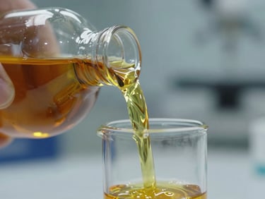 Macro close-up of clear amber vegetable oil pouring into a precise glass container, clean lab environment, cool technical lighting.