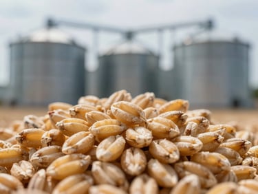 Macro close-up of golden wheat grains in a clean modern storage silo, sharp focus on texture, cool daylight.