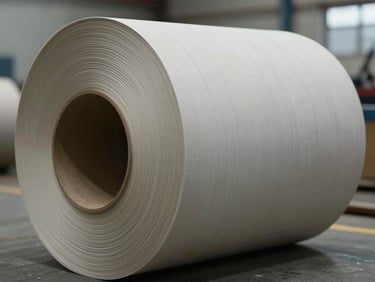 Macro close-up of massive industrial rolls of kraft paper, clean warehouse environment, sharp geometric lines, cool daylight.