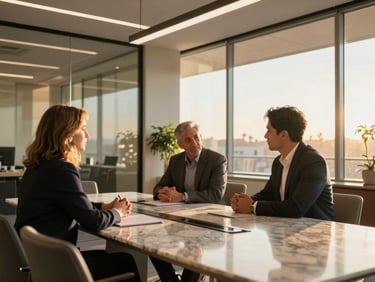 Cinematic wide shot of a modern, sunlit Southern California corporate office, Arturo Rosiles consulting with business owners at a marble conference table, warm golden hour light.