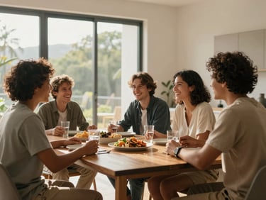 Warm, authentic medium shot of a multicultural family sitting around a modern dining table in a sunlit architectural home, laughing during a casual conversation, soft natural side-light.