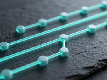 Macro close-up of high-fidelity 3D interconnected network nodes, glowing neon-cyan data pipelines running across a dark slate grid, clean terminal aesthetic.