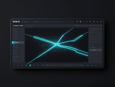 A flat-lay wireframe of the DXW.ai campaign builder interface, clean slate-colored lines on a deep black background, neon-cyan active paths.