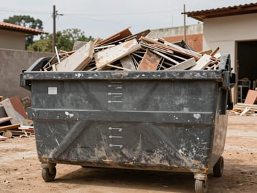 Straight-on documentary shot of a medium 4 to 5 m³ dumpster bin loaded with construction debris on a mid-size renovation site in Rio Grande do Sul, flat daylight, showing the bin's capacity markings and worn painted surface