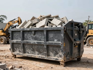 Wide shot of a large 7 to 10 cubic meter loaded dumpster bin on a heavy demolition site in Rio Grande do Sul, daylight flat lighting, bin heaped with concrete blocks and structural debris, heavy machinery visible in background, documentary style showing scale and durability