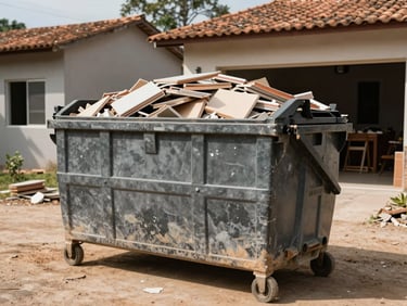 Wide shot of a small 3 cubic meter loaded dumpster bin on a residential renovation site in Rio Grande do Sul, daylight flat lighting, bin filled with rubble and tiles, house facade visible in background, documentary style showing dirt and wear