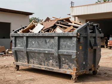 Wide shot of a medium 4 to 5 cubic meter loaded dumpster bin on a mid-size construction site in Rio Grande do Sul, daylight flat lighting, bin filled with mixed debris and wood scraps, partial building structure visible, documentary style showing real wear