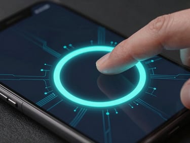 Macro shot of a finger authenticating on a sleek dark smartphone screen with a circular cyan glow, technical wireframe overlay