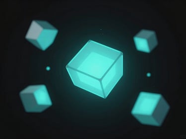 Abstract 3D render of glowing cyan geometric fragments floating in dark empty space, sharp focus, technical style