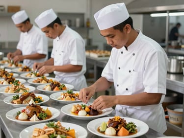 Siswa kuliner dengan topi koki putih sedang menata hidangan di atas piring di dapur instruksional profesional, fokus pada detail makanan, 35mm