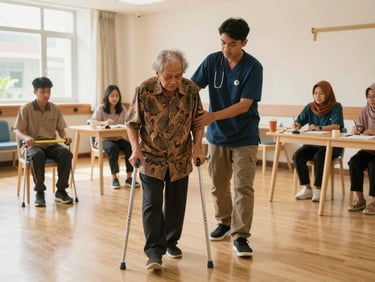 Siswa caregiver Indonesia sedang membantu lansia berjalan menggunakan alat bantu di ruang simulasi klinik yang bersih, cahaya hangat, 35mm
