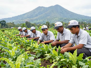 Siswa pertanian mengenakan topi lapangan sedang memeriksa sistem irigasi tetes di perkebunan sayur hijau Tondano, latar belakang bukit Minahasa, 35mm