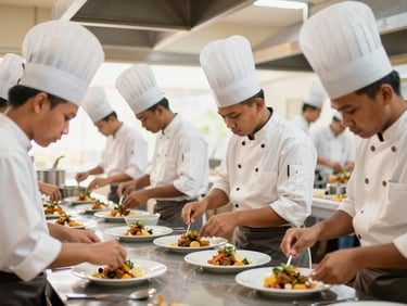 Indonesian culinary students in a professional kitchen, wearing chef hats, actively cooking and plating dishes, bright warm indoor lighting, focus on hands-on mastery, warm editorial photography, 35mm
