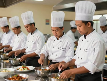 Diverse group of Indonesian students in chef uniforms practicing culinary skills in a professional kitchen, focused expressions, warm indoor lighting, medium shot, 35mm