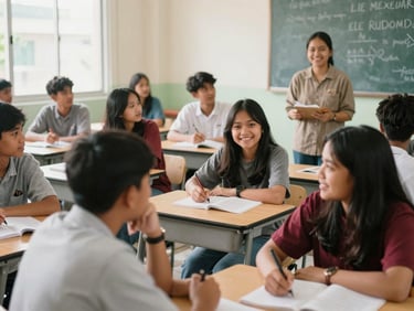 Diverse Indonesian students of various ages in a bright, modern language classroom, engaged in interactive learning with a native speaker teacher, smiling and focused, natural daylight, warm editorial photography, 35mm