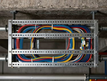 Overhead shot looking straight down at organised cable management tray runs with multicolour power and data cables routed and tied, steel perforated trays bolted to concrete ceiling structure, practical work light illuminating the cable bundles from the side, no people in frame