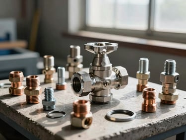 Extreme close-up of a stainless steel valve assembly and copper pipe fittings arranged on a concrete workshop bench, hard industrial daylight from a high window casting sharp shadows across the machined components, hex bolts and compression rings in precise arrangement, no people in frame