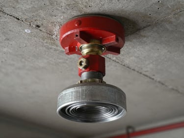 Close-up of a fire suppression sprinkler head and red-painted steel pipe assembly mounted to a concrete ceiling, hard industrial light revealing pipe threading and valve detail, no people in frame