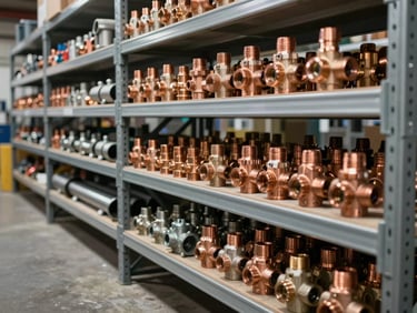 Organized rows of MEP materials on industrial shelving — copper fittings, valve bodies, and conduit sections under warehouse strip lighting, concrete floor and steel racking visible, no people in frame