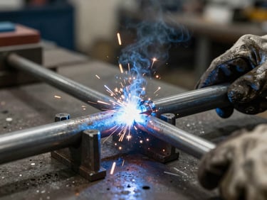 Fabrication workshop close-up — a steel pipe section being welded on a work bench, hot sparks and blue-white arc light, raw steel and clamps in frame, no people visible only gloved hands and the weld joint