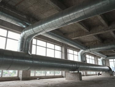 Wide shot of large-diameter galvanised HVAC ductwork installed across the ceiling of an unfinished commercial floor, natural daylight through high windows, routing bends and insulated joints visible, no people in frame