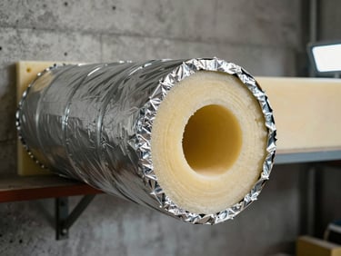 Cross-section view of pipe insulation being applied — foam and foil wrap layers visible in cut-away, industrial work light on a concrete wall background, no people in frame
