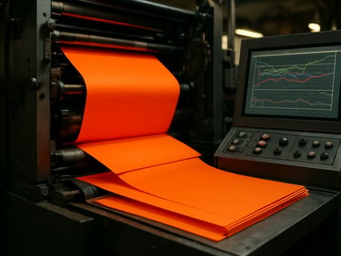 Prise de vue industrielle d'une presse offset en mouvement calant des affiches orange vif, à côté d'un écran de contrôle affichant des courbes de performance de campagne.