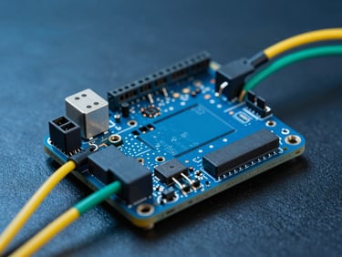 Close-up macro shot of an Arduino micro-controller with yellow and green jumper wires connected to sensor terminals under low-key blue studio lighting.
