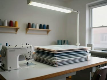 Wide environmental shot of a full repair bench — sewing machine at left, folded nylon panels stacked in the center, thread rack on the wall behind, fluorescent overhead light mixing with afternoon window light from the right, no people, everything mid-project