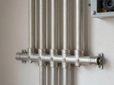 Close-up of completed mechanical or electrical installation, orderly pipe routing or conduit assembly against a wall, bright neutral light, precise alignment visible, no people