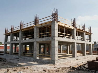 Wide shot of completed civil or structural construction project exterior, natural daylight, finished concrete and steel framework showing scale and scope, no people