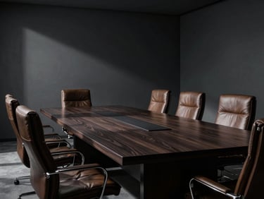 Wide-angle view of a modern, empty boardroom with a large dark wood table and high-backed leather chairs, dramatic side-lighting casting deep shadows, cool graphite tones with bronze accents, architectural, 35mm