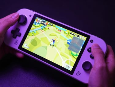 Dynamic close-up of a handheld Android console with a vibrant cyber-lime game on screen, electric violet neon glows, high-contrast drop shadows, dark background