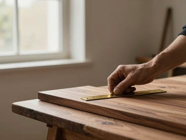 Close-up of a master carpenter marking a walnut wood plank with a brass square tool, natural side-lighting from a workshop window, warm tones, architectural minimalism