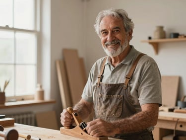 Portrait of an elderly Spanish master carpenter in a dusty workshop, smiling warmly, holding a wooden hand plane, soft natural side lighting, 35mm