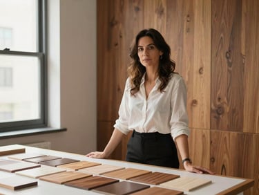 Portrait of a female Spanish interior designer in her late 30s, standing near a drafting table with wood samples, soft natural light, 35mm