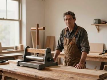 Portrait of a mid-40s Spanish carpenter in a workshop wearing protective gear, standing next to a professional wood press, warm lighting, 35mm